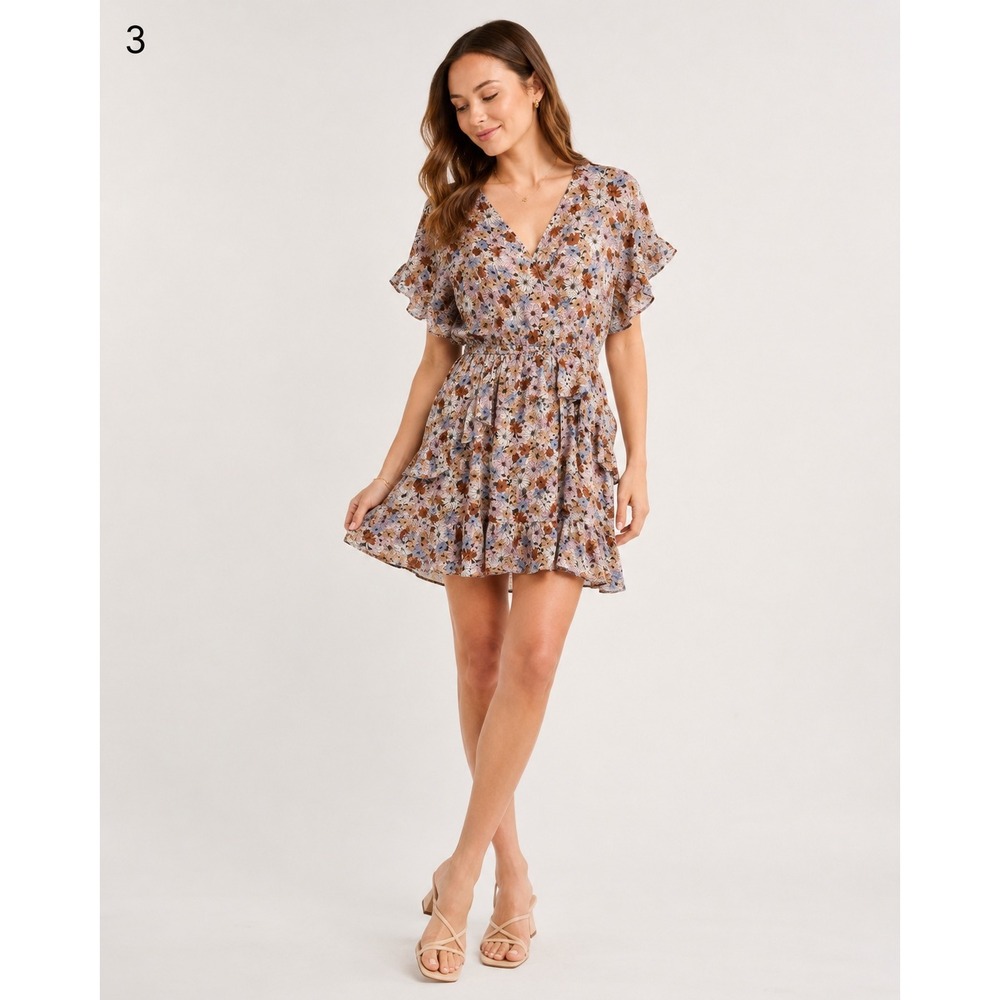 ASTR the Label Taupe Multi Floral Dress Womens Large Boho Hippie Country Ruffle